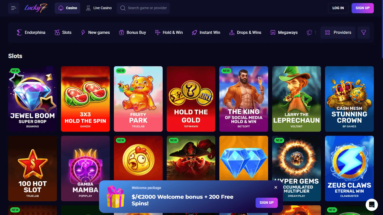 Lucky7even Casino games view on desktop