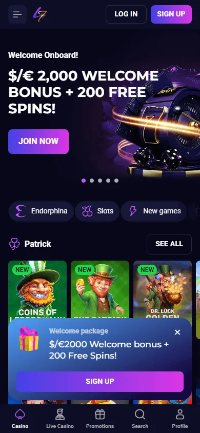 Lucky7even Casino home view on mobile