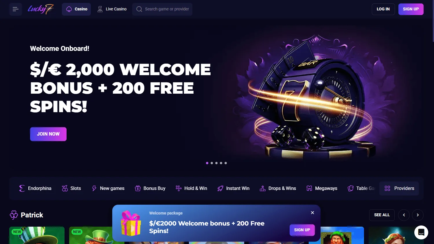 Lucky7even Casino home view on desktop