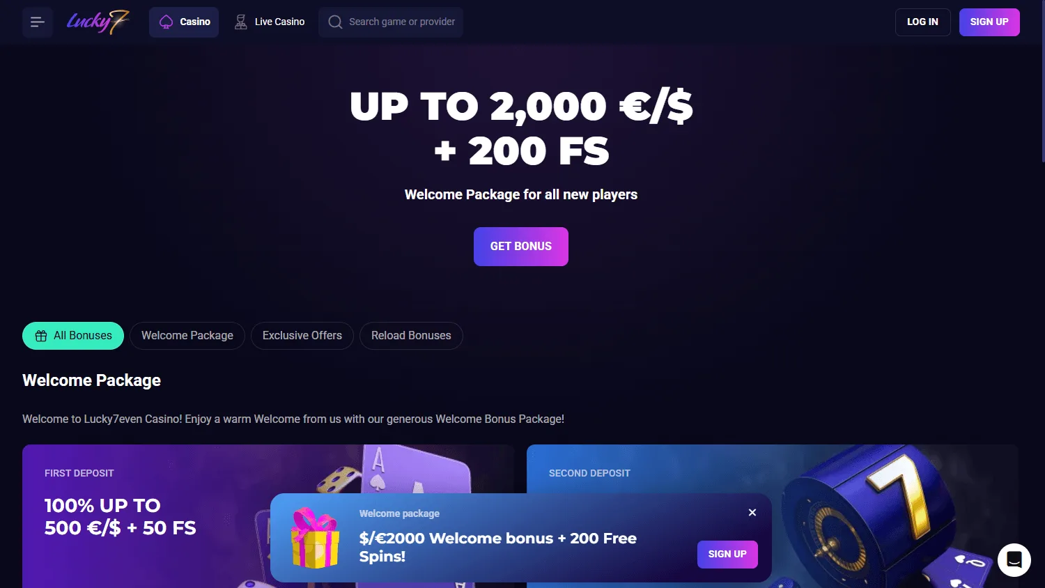 Lucky7even Casino promotions view on desktop