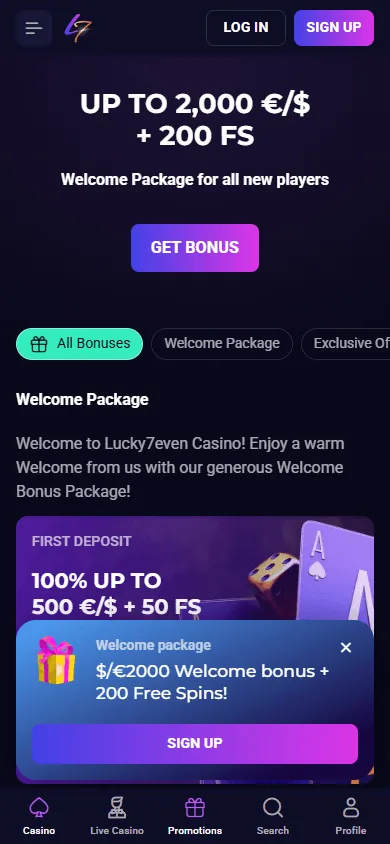 Lucky7even Casino promotions view on mobile